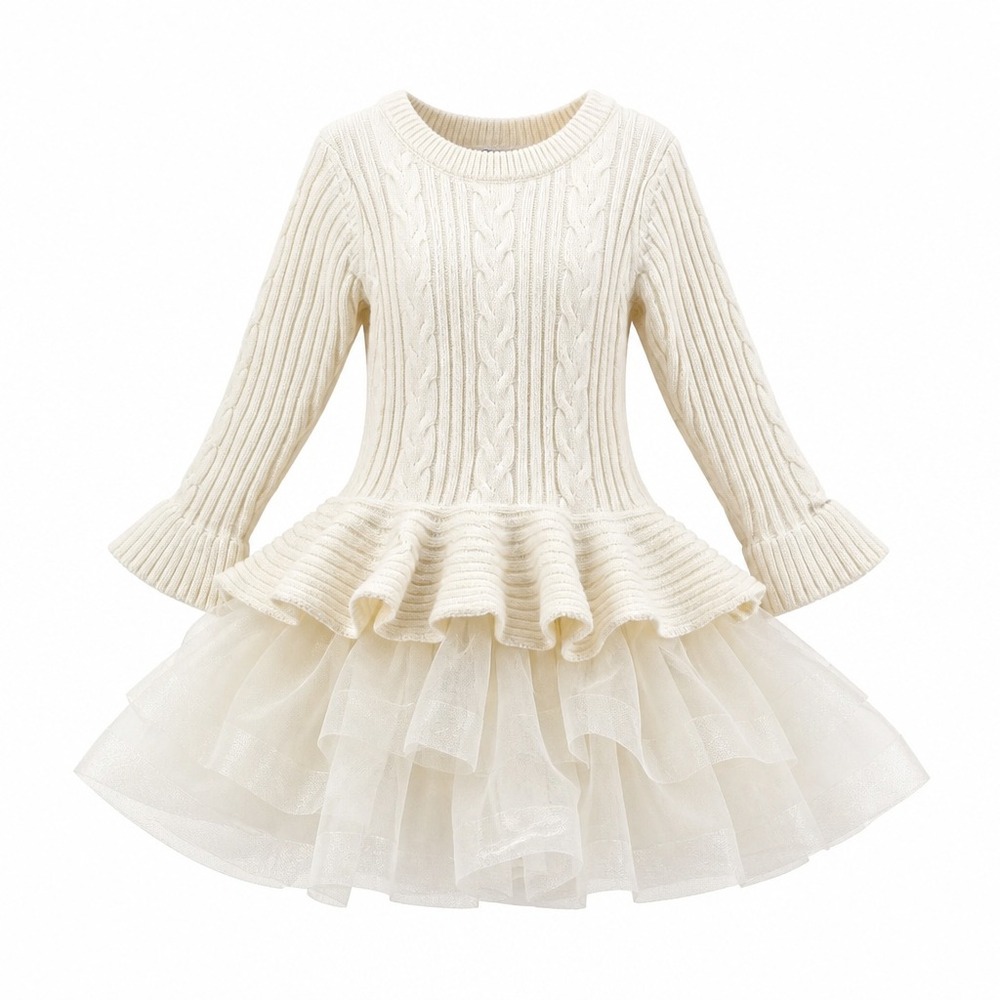 Girls Cream Cable Knit Sweater Dress Tulle Skirt Long Sleeve Bell Cuff Size 7